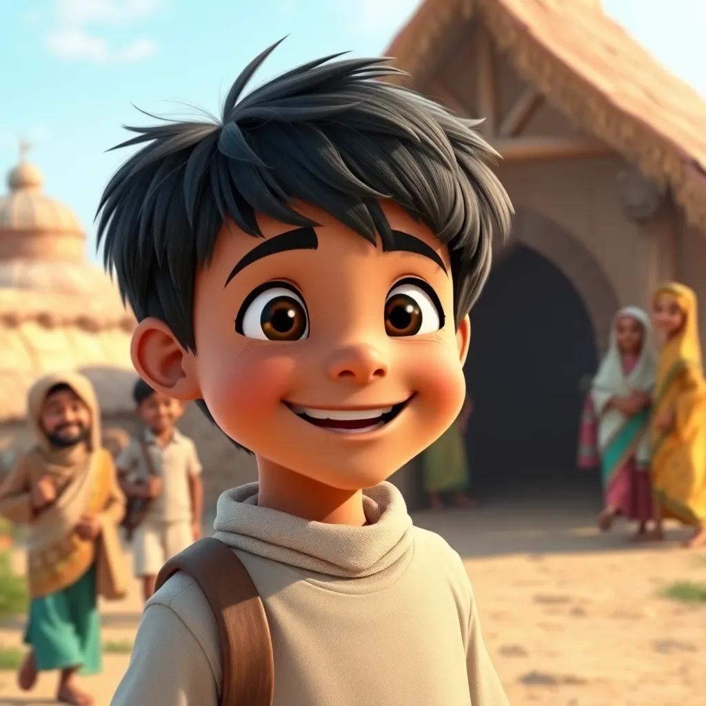 Sami, a young boy with short black hair, happily returning to his village with a big smile, friends and family waiting for him, welcoming scene, warm colors, joyful atmosphere, high quality