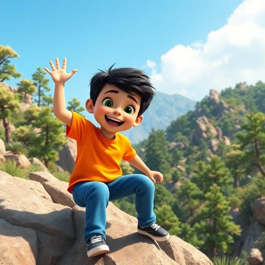A young Arab boy, Mohammed, with short black hair, wearing a bright t-shirt and jeans, excitedly climbing a mountain with trees and rocks around him, cheerful atmosphere, adventure, digital art, vibrant colors, clear blue sky, high quality