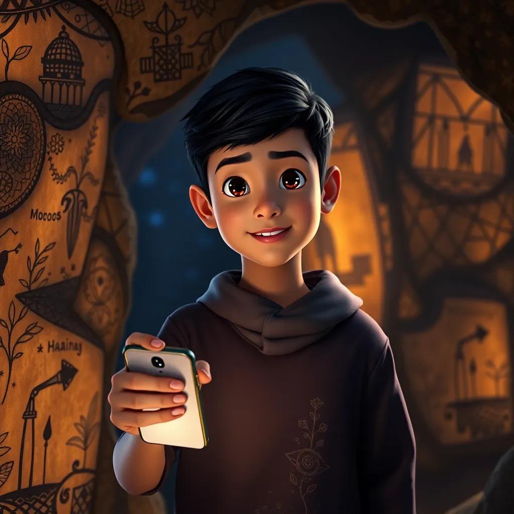 A young Arab boy, Mohammed, with short black hair, holding a smartphone flashlight in a dark cave, illuminated walls with geometric, plant, animal, and human drawings, mysterious and magical, digital art, detailed textures, warm light, high quality