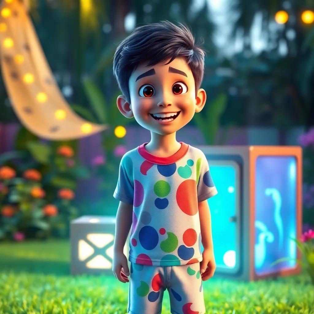 A young Arab boy, Ali, with short black hair, wearing a colorful t-shirt and shorts, standing excitedly in a bright garden next to a mysterious glowing box, happy expression, digital art, vivid colors, cheerful light, candid shot, high quality