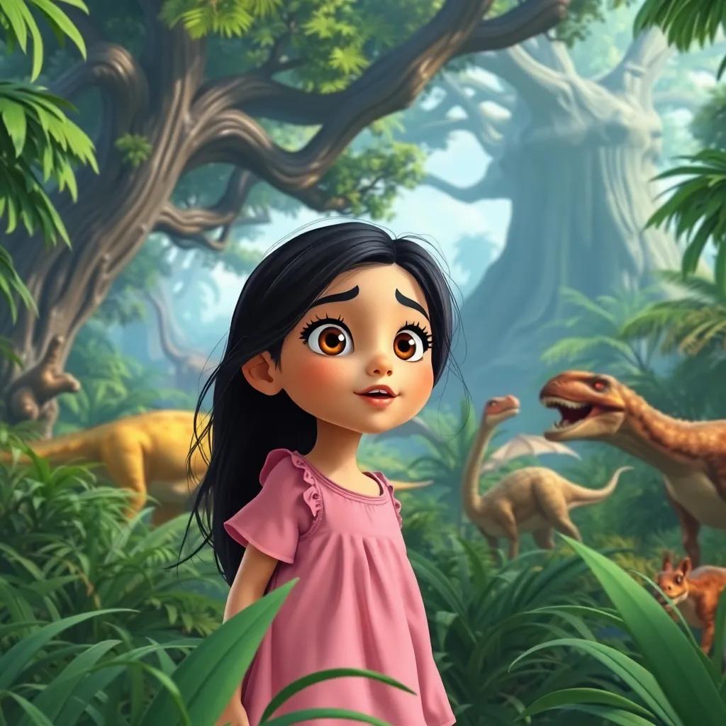 A young Arab girl, Sara, with long black hair, wearing a cute pink dress, looking amazed in a lush green prehistoric jungle filled with dinosaurs and huge trees, wide eyes, illustration, vibrant colors, magical atmosphere, action shot, high quality