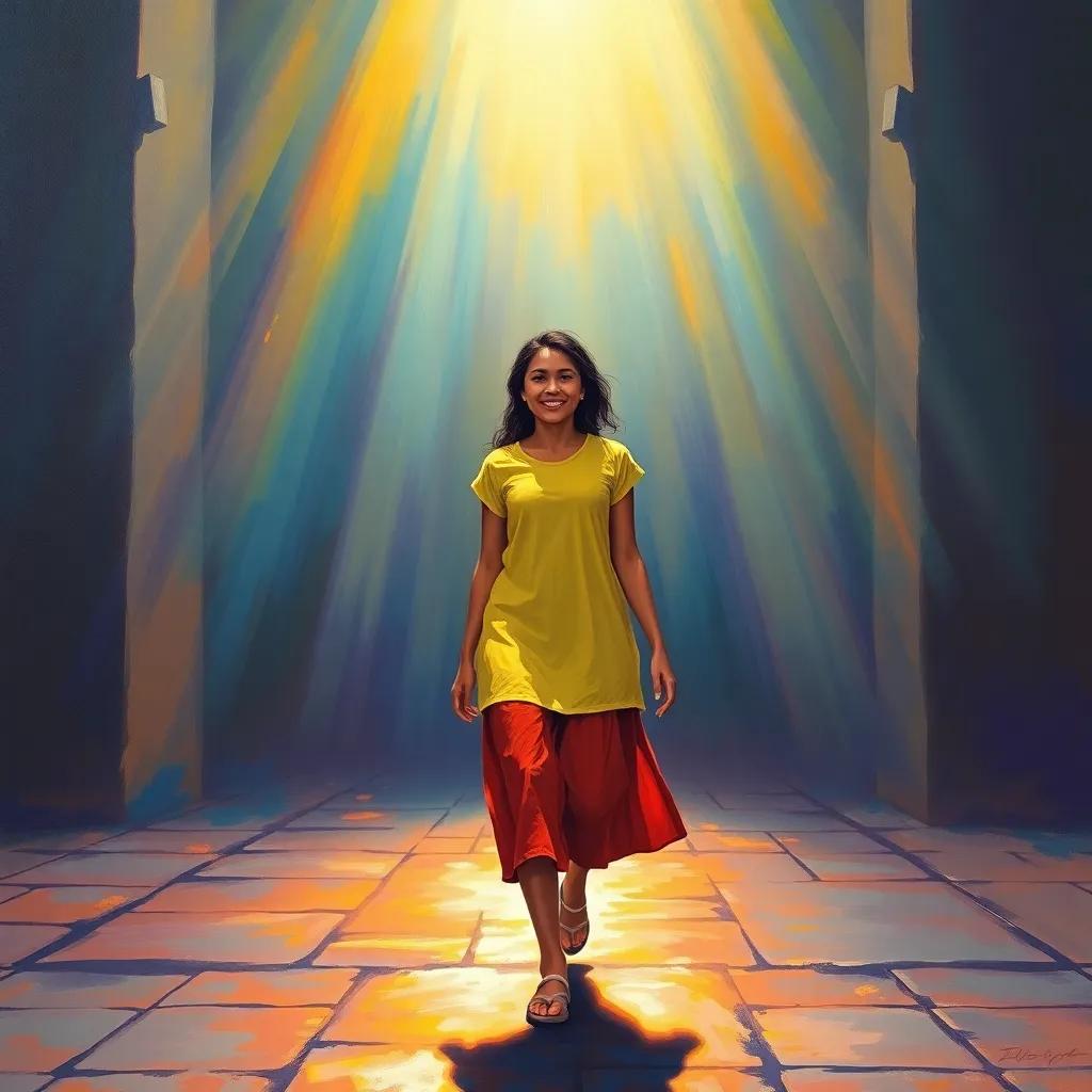 A powerful light shining down on Habiiba as she walks confidently towards a hospital entrance, with a glow surrounding her, feeling strong and supported, bright colors, hopeful expression, magical realism, high quality