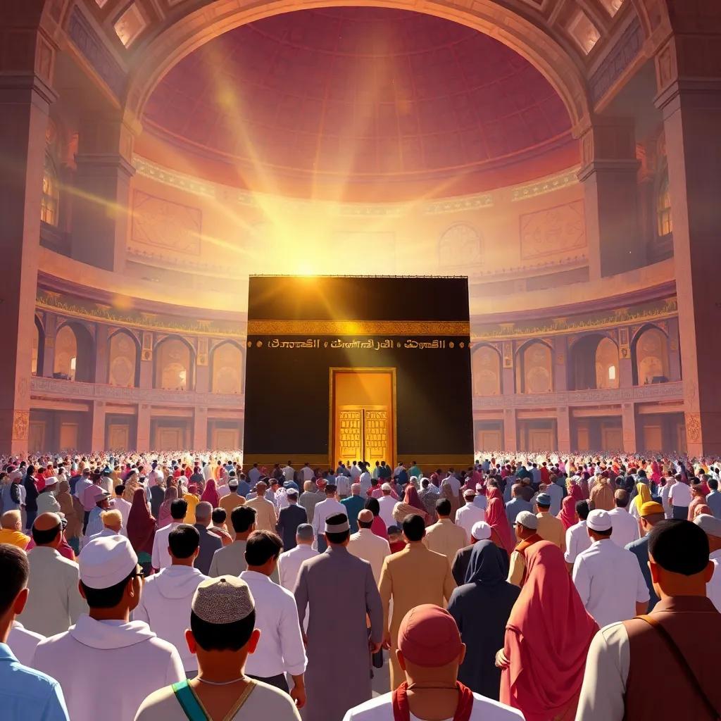 A bustling scene of people around the Kaaba in the Grand Mosque, bright sunlight shining on the golden door, mixed ethnicities, respectful atmosphere, detailed digital art, lively colors