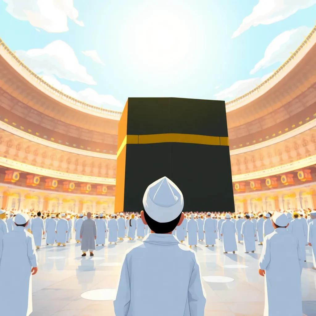 Hassan looking up at the Kaaba, surrounded by people in white Ihram, sun reflecting off marble floors, feeling of peace, illustration, cheerful, high detail