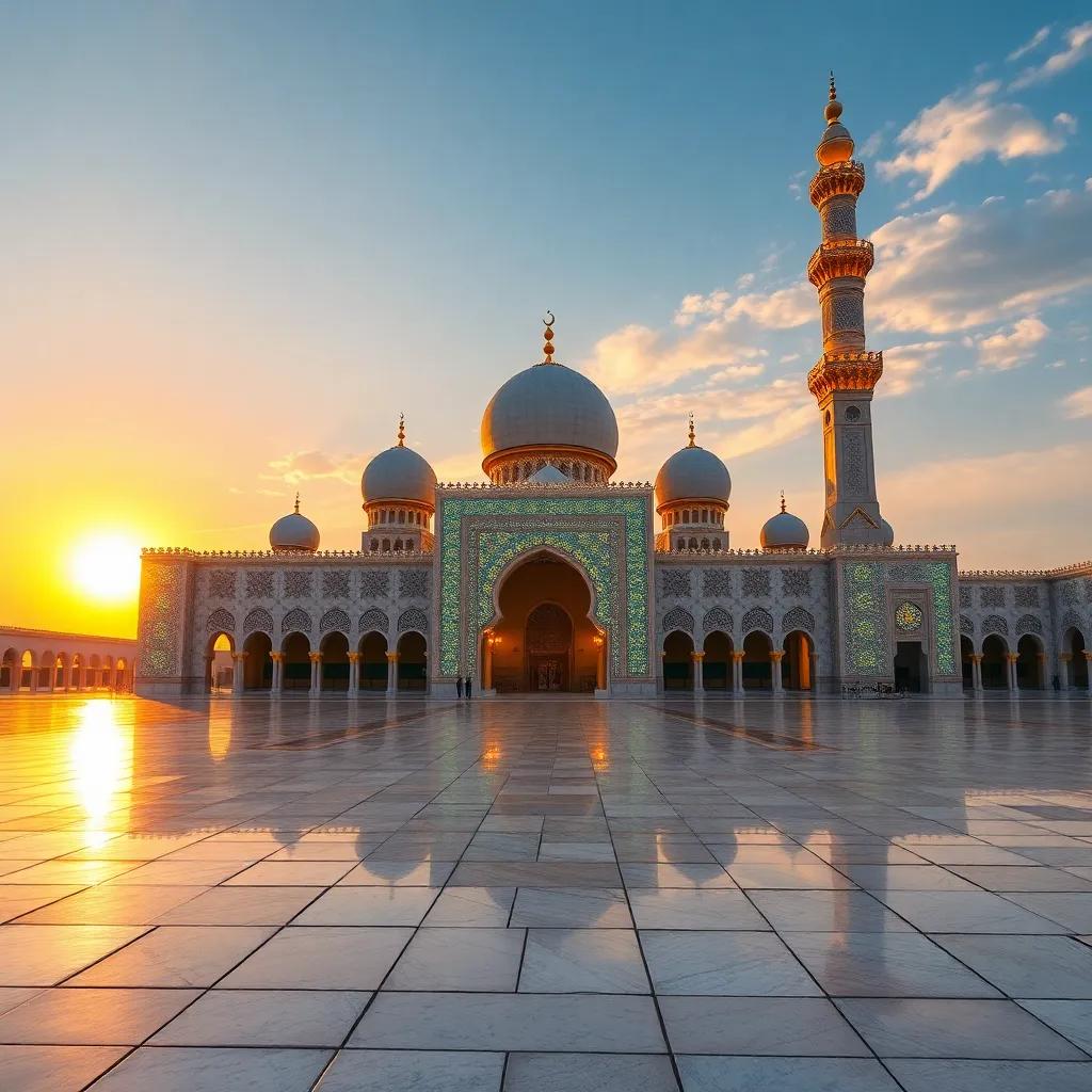 A scenic view of the Prophet's Mosque in Medina, sparkling with bright mosaic tiles, sunset in the background, soft lights illuminating the mosque, warm colors, welcoming perspective, high quality