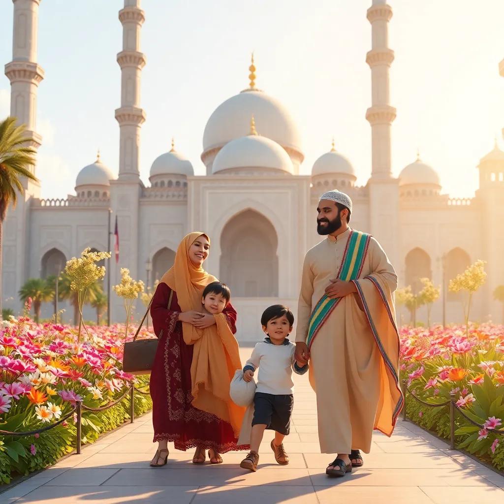 Hassan standing outside the Prophet's Mosque with his family, laughing and walking together, bright sunlight, beautiful flowers, happy moment, heartwarming scene