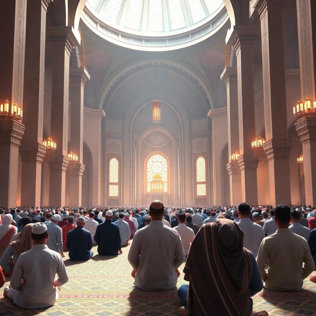 Inside the Prophet's Mosque, the call to prayer echoing, families praying together, soft light illuminating faces, feeling of serenity, detailed, vibrant