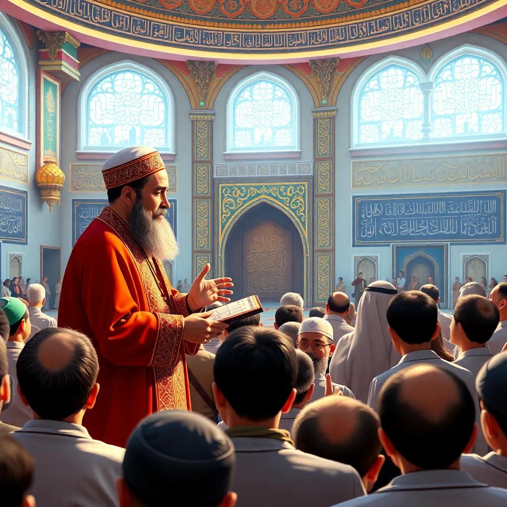 An imam giving a sermon with Hassan listening closely, a crowd of attentive people around, beautiful calligraphy on the walls, vibrant colors, educational atmosphere, high detail