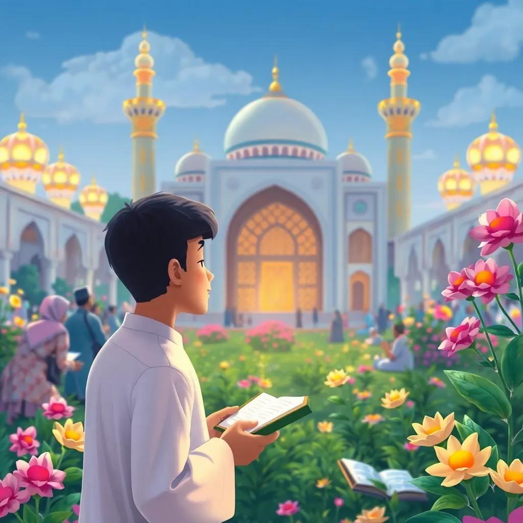 Hassan looking at the beautiful flowers in the garden of the Prophet's Mosque, surrounded by people reading Qur'an, peaceful nature scene, colorfully illustrated