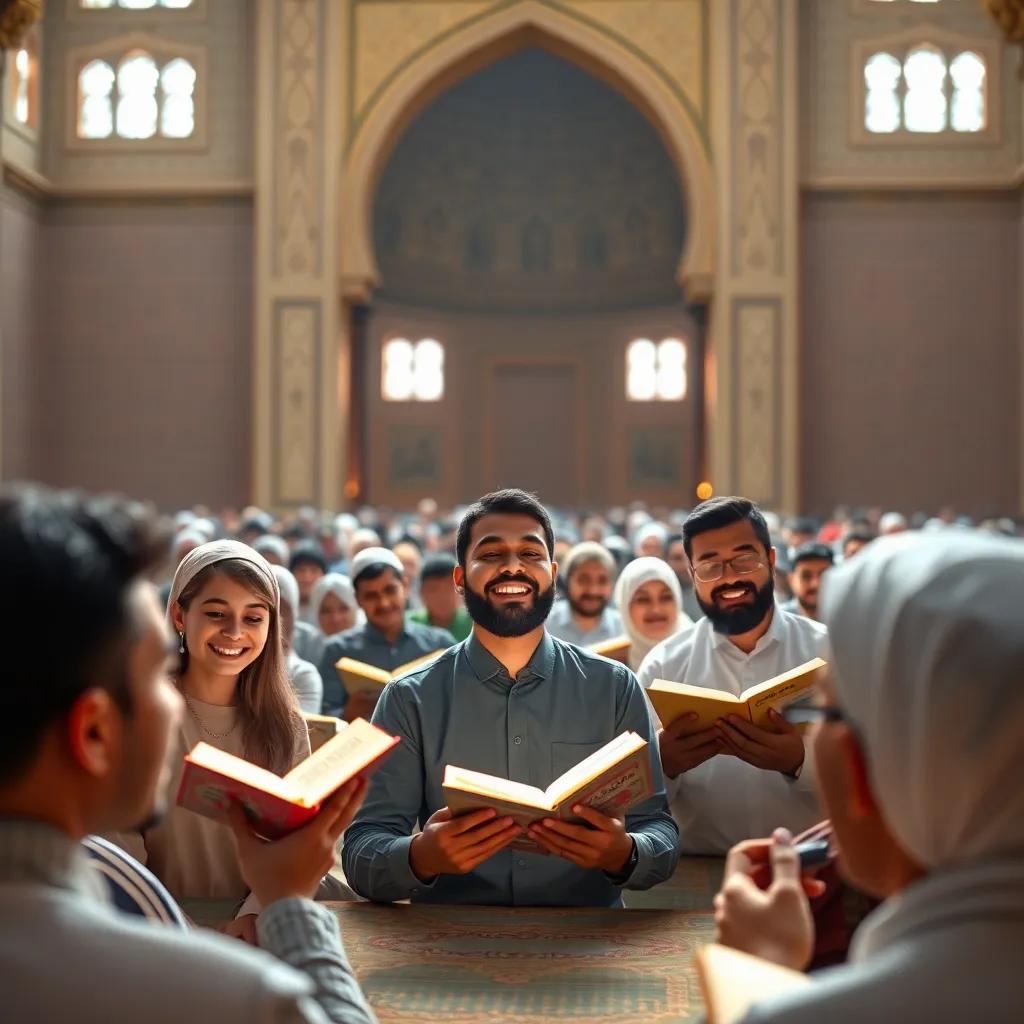 A gathering of people reading Qur'an in the Prophet's Mosque, their faces filled with joy and devotion, warm light, lovely atmosphere, high quality
