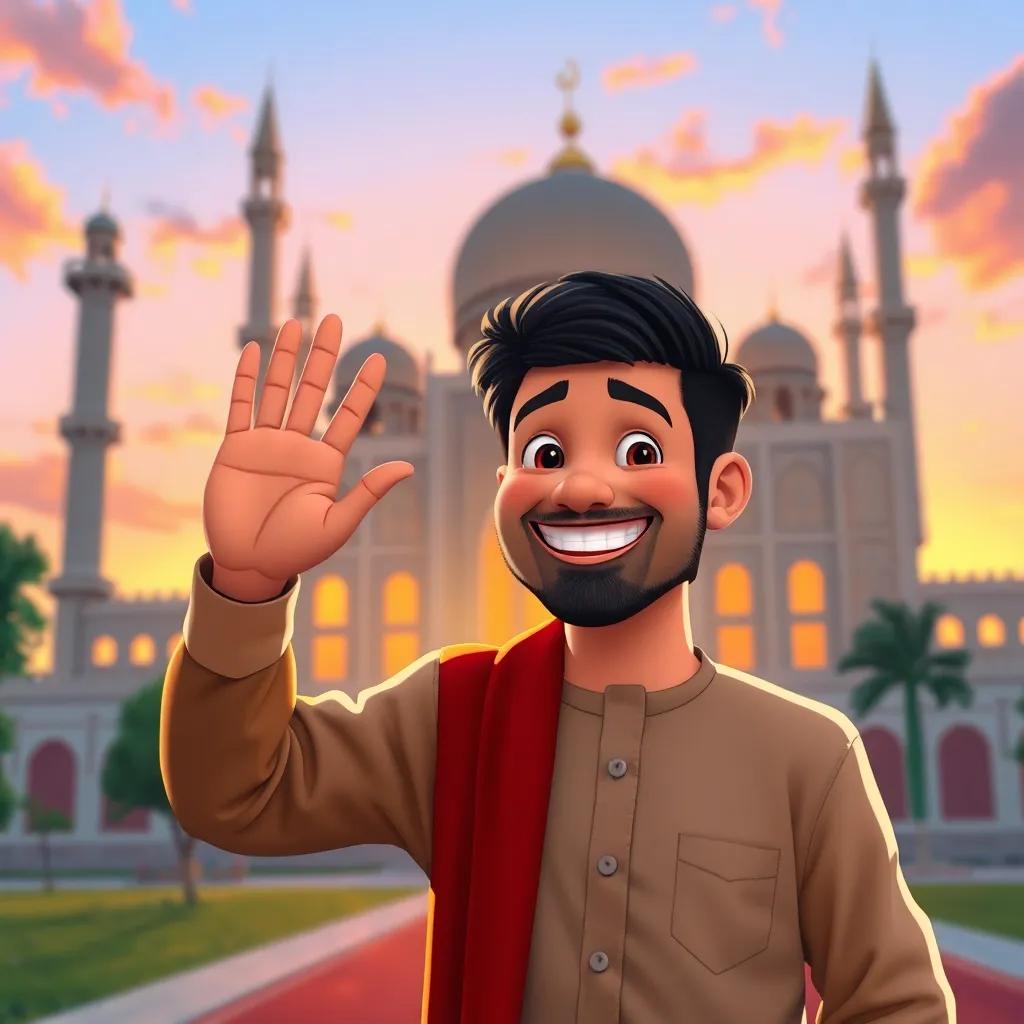 Hassan waving goodbye to the mosque, with a big happy smile, the sun setting in the background, feeling of love and faith, colorful, uplifting imagery
