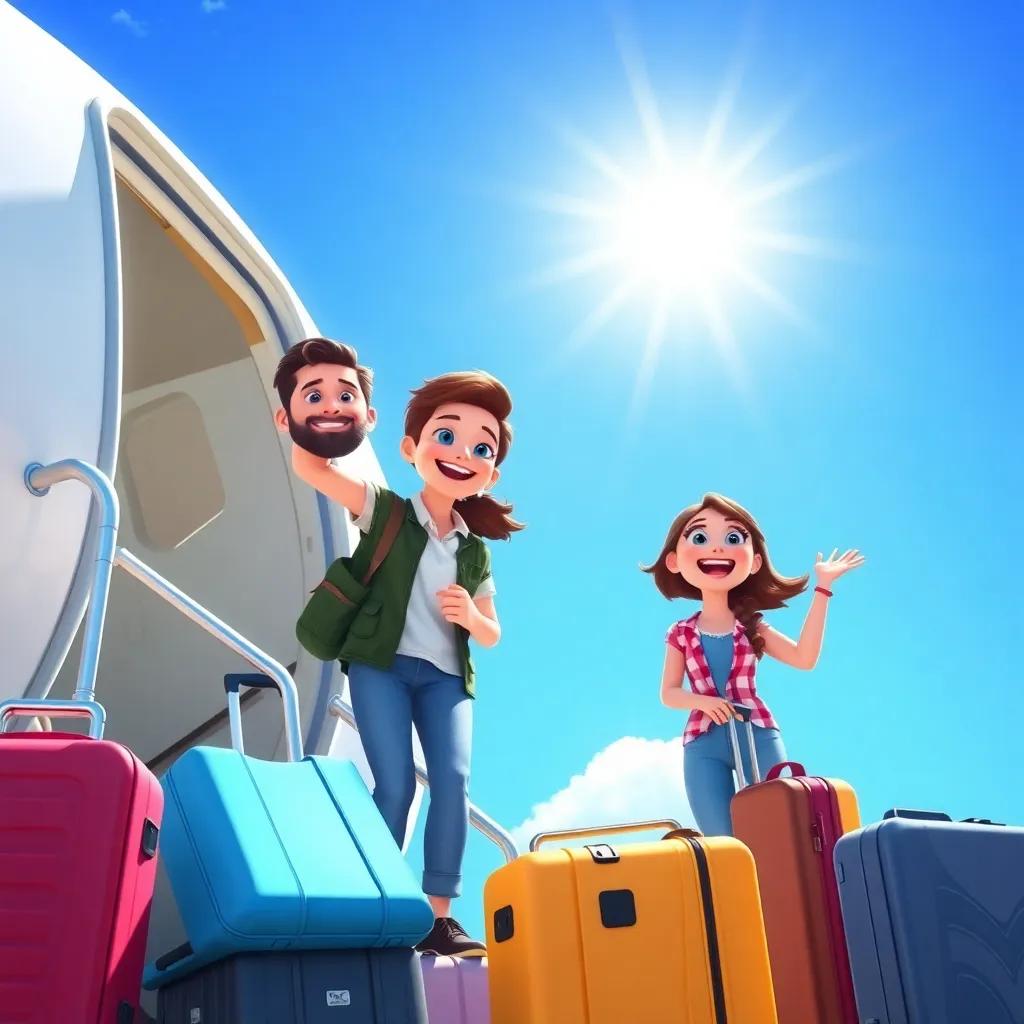 A sunny day with a family happily boarding a plane, excited expressions on their faces, colorful luggage, bright blue sky, joyful atmosphere, digital art, cheerful, high quality