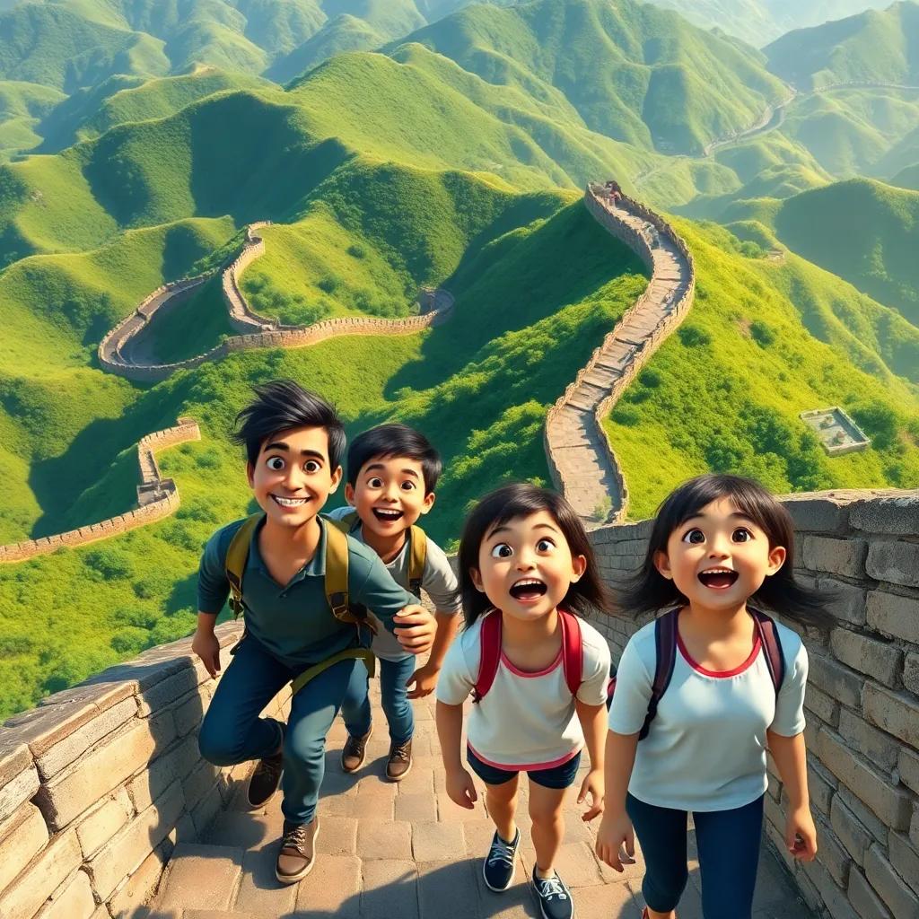 A stunning view of the Great Wall of China with a family climbing the steps, amazed expressions on their faces, lush green mountains in the background, vibrant colors, adventure, digital painting, rich details, warm sunlight