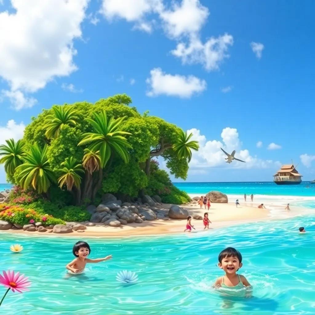 A beautiful view of Failaka Island, with green trees and colorful flowers. Children playing on the beach, happy faces, clear blue sky, vibrant ocean waves, digital art, bright colors, joyful atmosphere, high quality