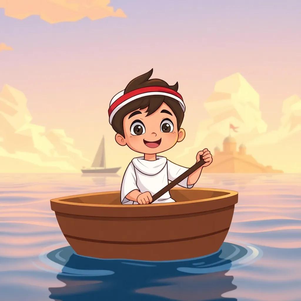A curious boy named Ahmad, a Kuwaiti boy about 9 years old, wearing a traditional dishdasha, sailing in a small boat towards Failaka Island, excitement on his face, illustration, cheerful, adventurous theme, child-friendly