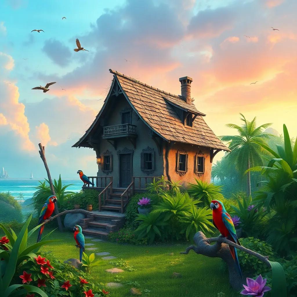 An old deserted house on Failaka Island, surrounded by lush greenery and colorful birds, vibrant colors, magical atmosphere, storytelling view, fantasy