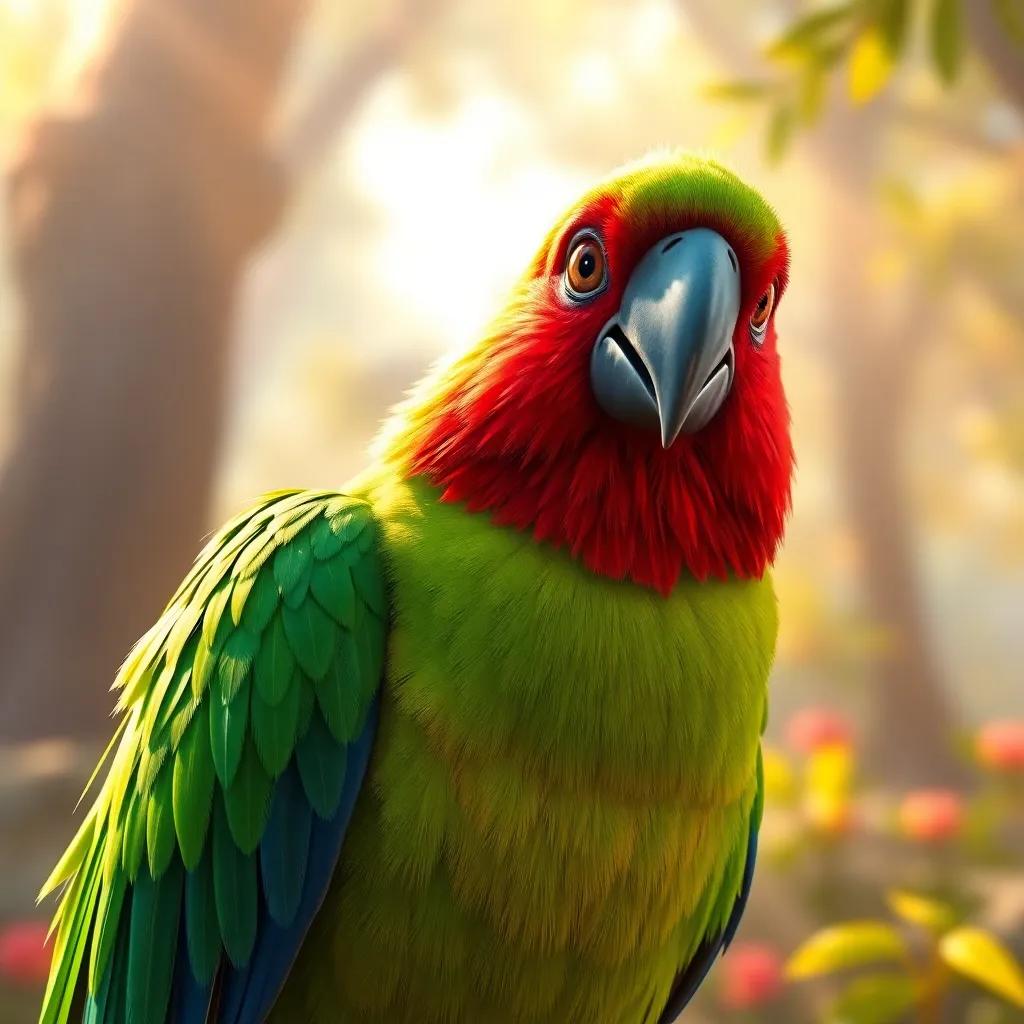 A large colorful bird, resembling a parrot, speaking to Ahmad. The bird has bright green, red, and blue feathers, magical scene, warm light, engaging perspective, high quality