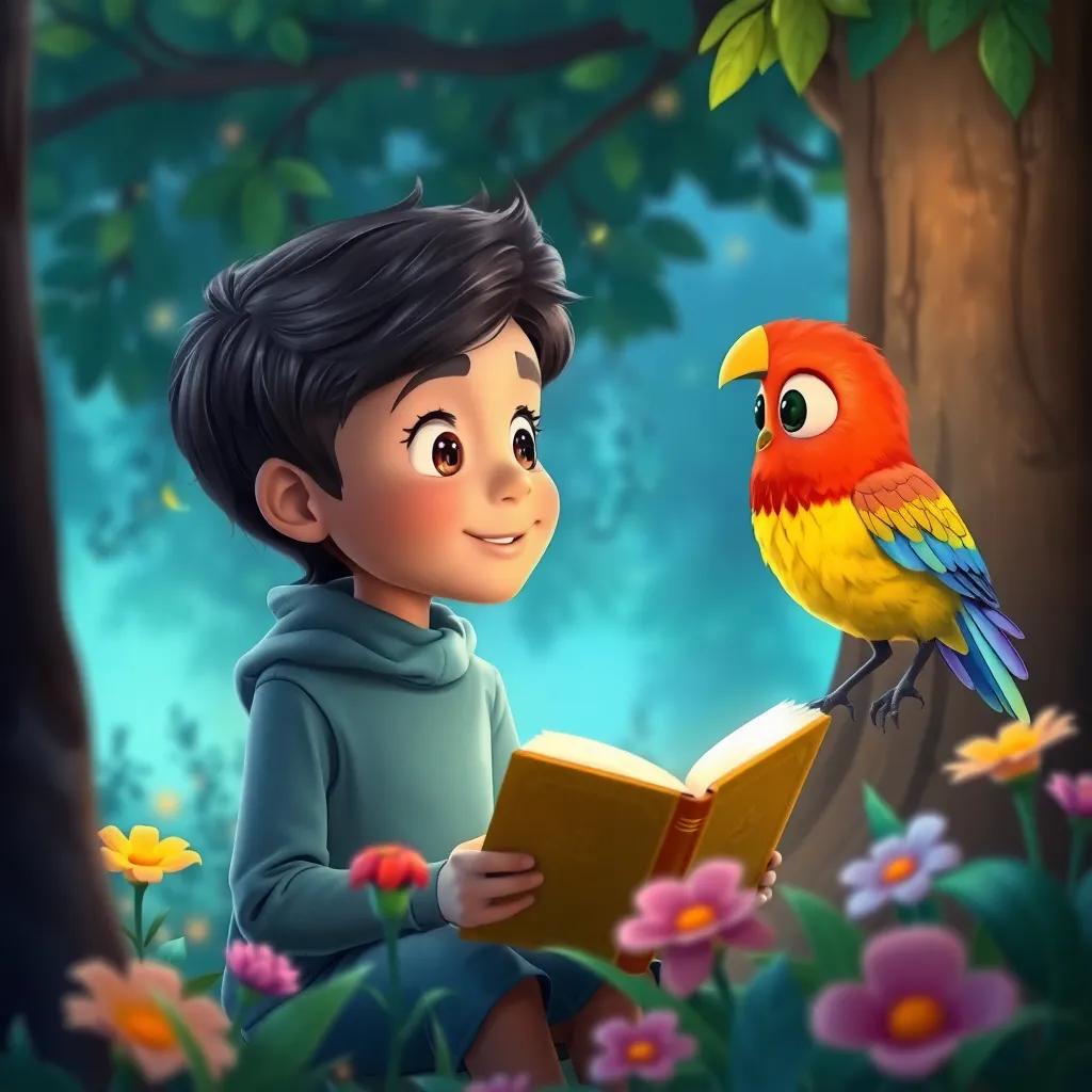 Ahmad, eagerly listening to the colorful bird telling stories, both surrounded by trees and flowers, magical atmosphere, animated expressions, storytelling view, child-friendly