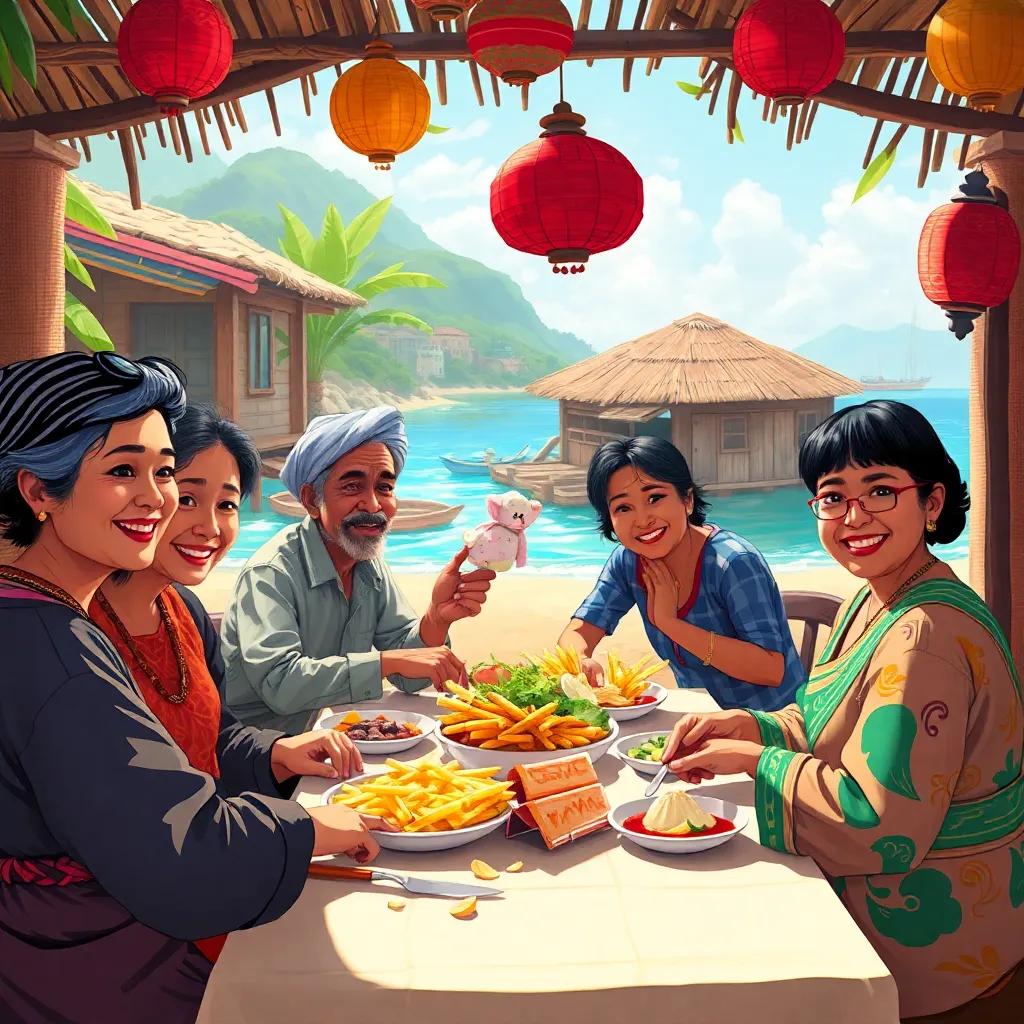 Portrait of the vibrant island life, showing people celebrating and enjoying traditional food together in old times, warm and joyful colors, inviting atmosphere, detailed vivid scene