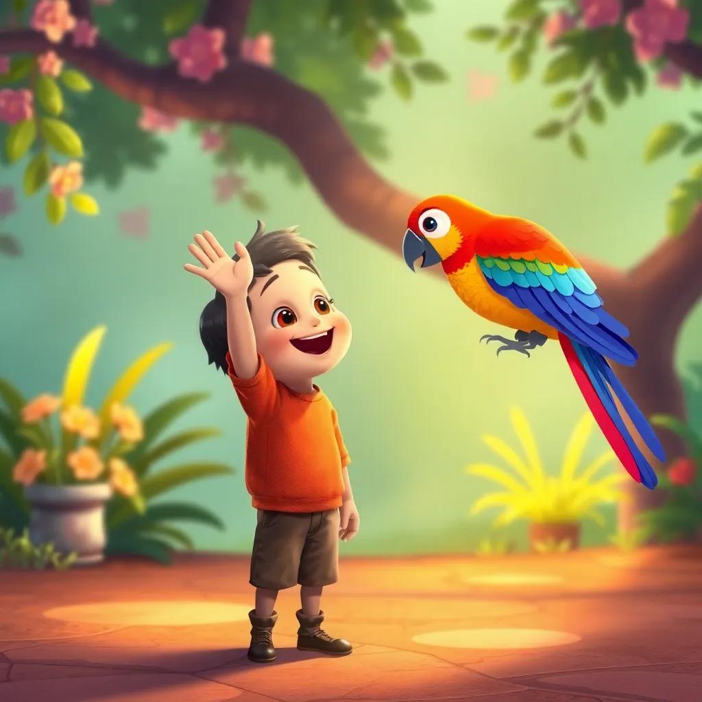 Ahmad waving goodbye to the colorful bird, as he returns home, feeling grateful, heartwarming imagery, rich beautiful colors, child-friendly