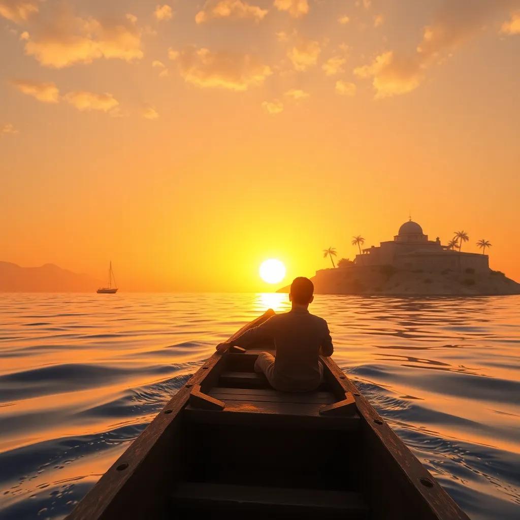 A view of Ahmad returning home on his small boat, with Failaka Island in the background, sunset casting a golden light, joyful journey, heartwarming atmosphere, fantasy