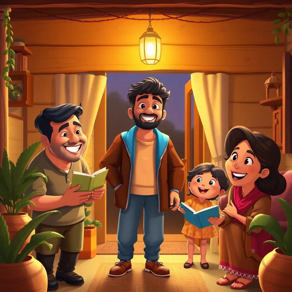 Ahmad standing at his home, with a bright smile, sharing stories with his family about the adventure, warm colors, loved ones' expressions full of joy, inviting atmosphere.