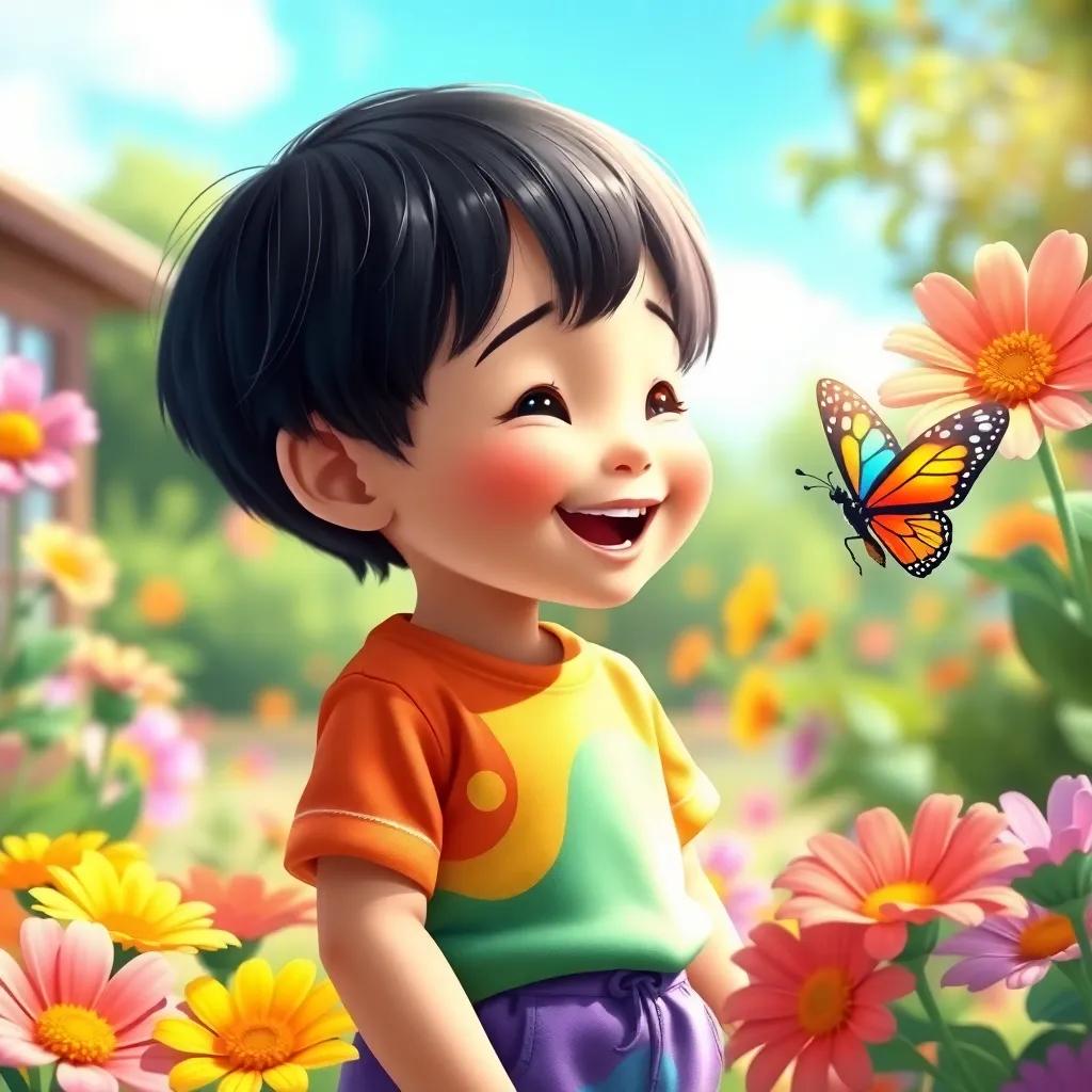 A young child, with short black hair and wearing a colorful t-shirt and shorts, joyfully looking at a colorful butterfly fluttering between vibrant flowers in a school garden, sunny day, digital art, bright and cheerful, vibrant colors, child-friendly