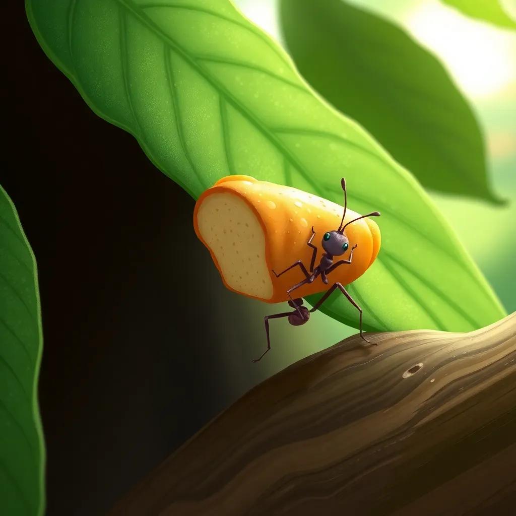 A small ant carrying a piece of bread much larger than itself, climbing onto a green leaf of a tree, showing its determination, close-up, digital drawing, lively colors, nature-focused, engaging