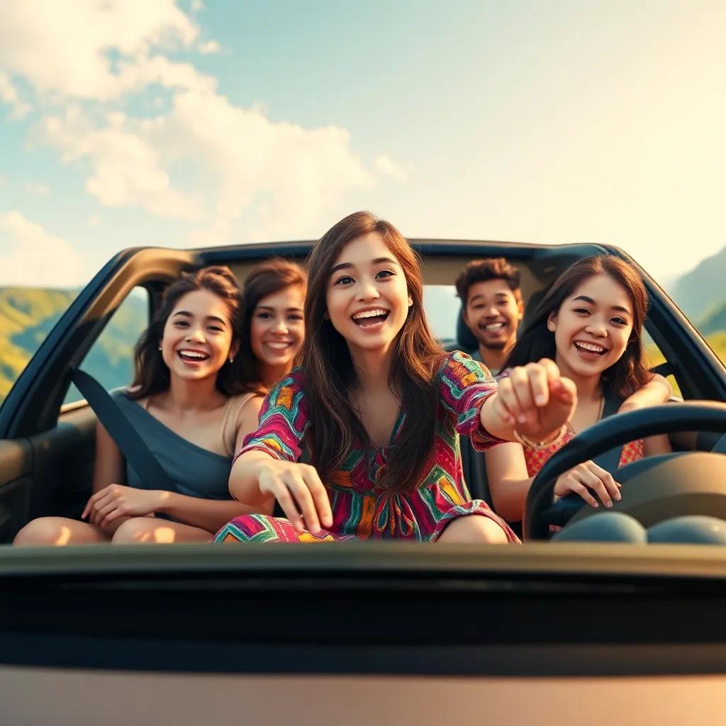 A group of young friends, including a girl named Mariam with long brown hair wearing a colorful dress, driving in a car through green mountains, energetic, bright sky, joyful atmosphere, digital art, cheerful colors, high quality