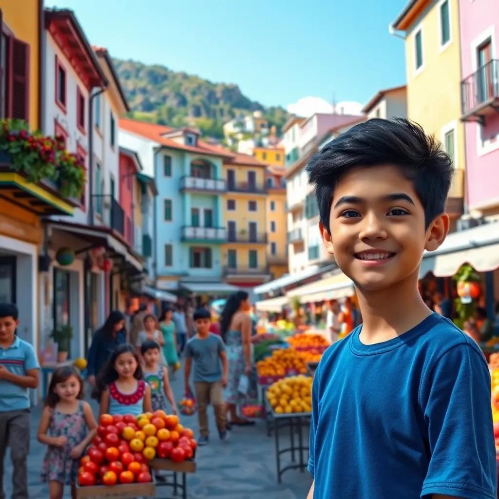 A beautiful Balkan town with colorful buildings, smiling children, and a vibrant fruit market, including a boy named Ahmed with black hair wearing a blue shirt, the scene bustling with activity, bright and sunny, friendly atmosphere, digital painting, lively colors, high quality