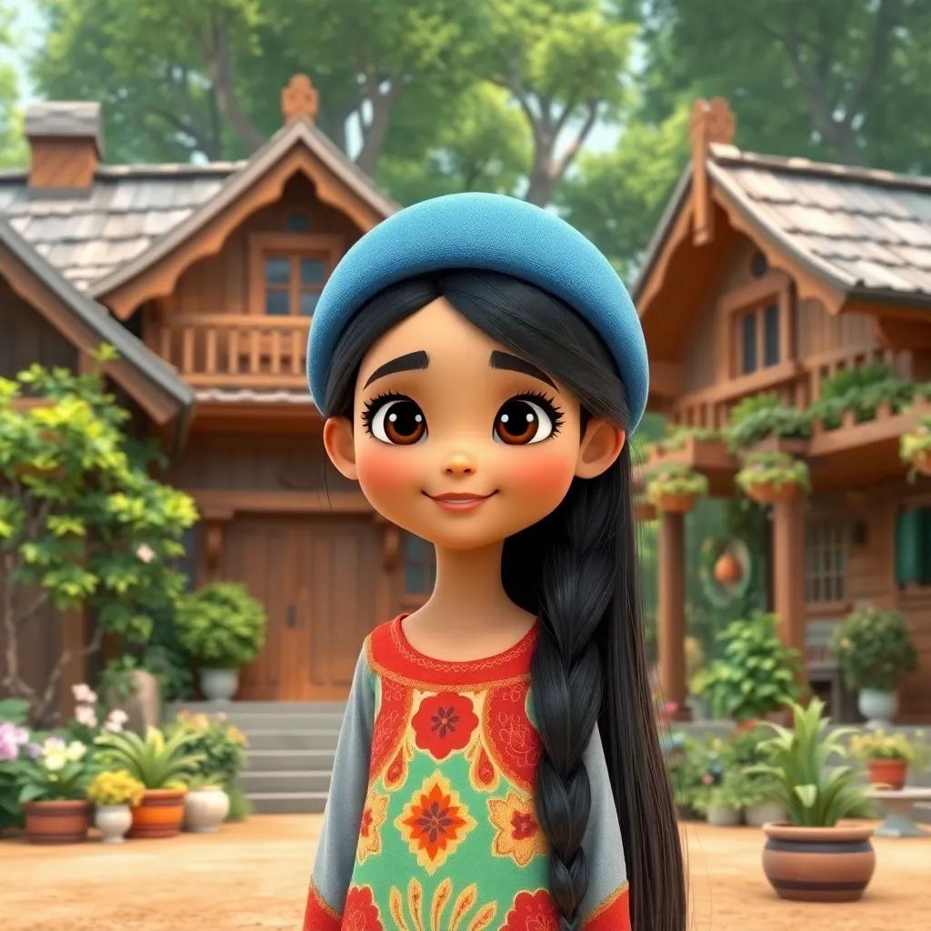 A young Arab girl, Leila, with long, black hair wearing a blue hat and a colorful dress, standing in front of beautiful wooden houses with green gardens, cheerful atmosphere, engaging scene, high quality