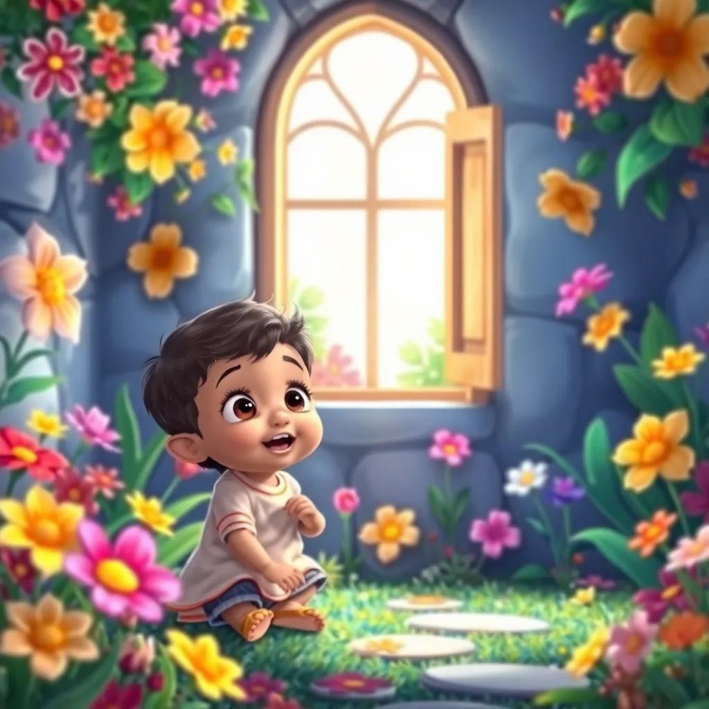 A magical garden with colorful flowers and a shimmering window, a young child (Arabic descent) playing and looking curious and surprised, bright colors, cheerful atmosphere, digital illustration, high quality