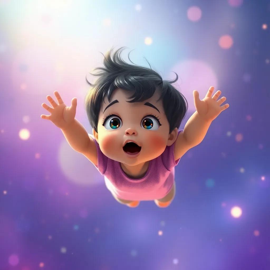 The child floating in a vibrant, undefined space, looking amazed, with light sparkling around, feeling weightless, whimsical and dreamy colors, high quality