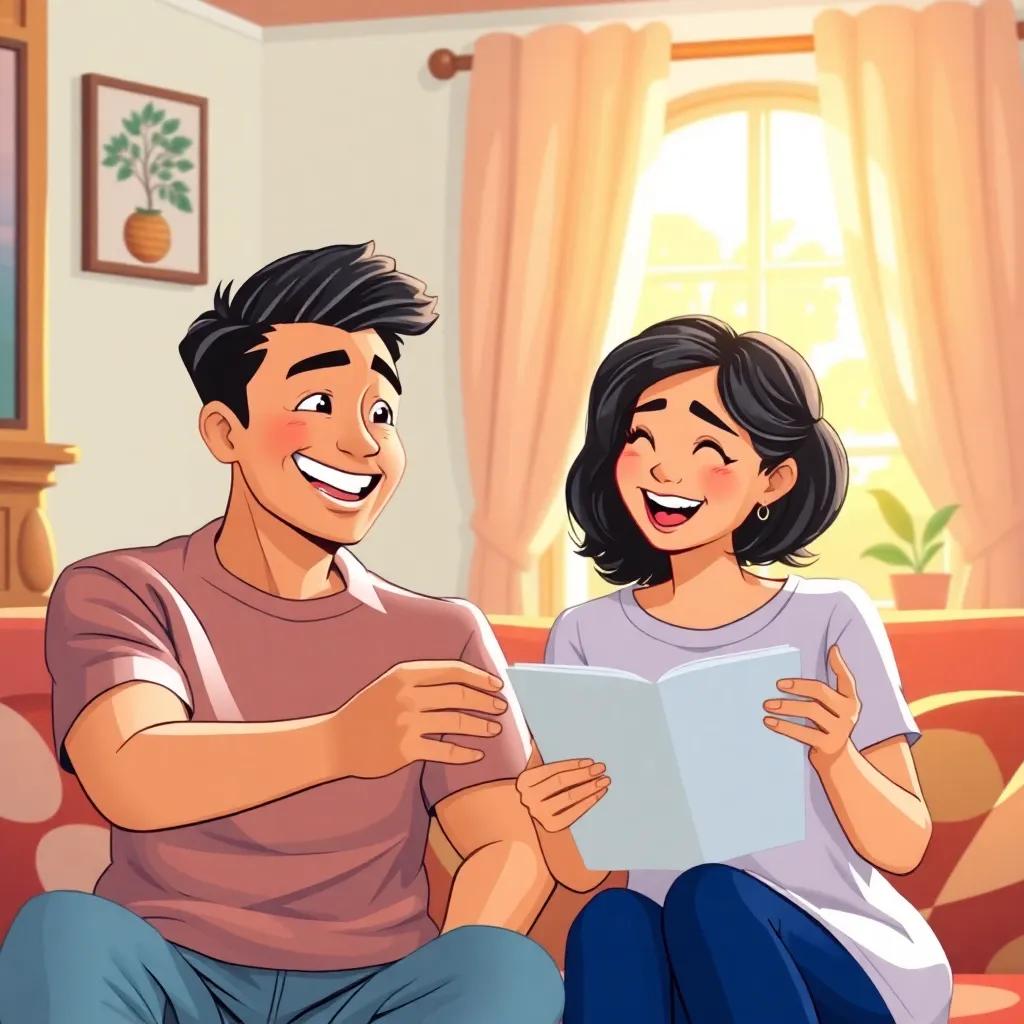 A cheerful couple, Ahmad and his wife, smiling and excitedly discussing their travel plans to Malaysia, inside their cozy home, colorful decor, bright sunlight, illustration, warm and welcoming atmosphere, high quality
