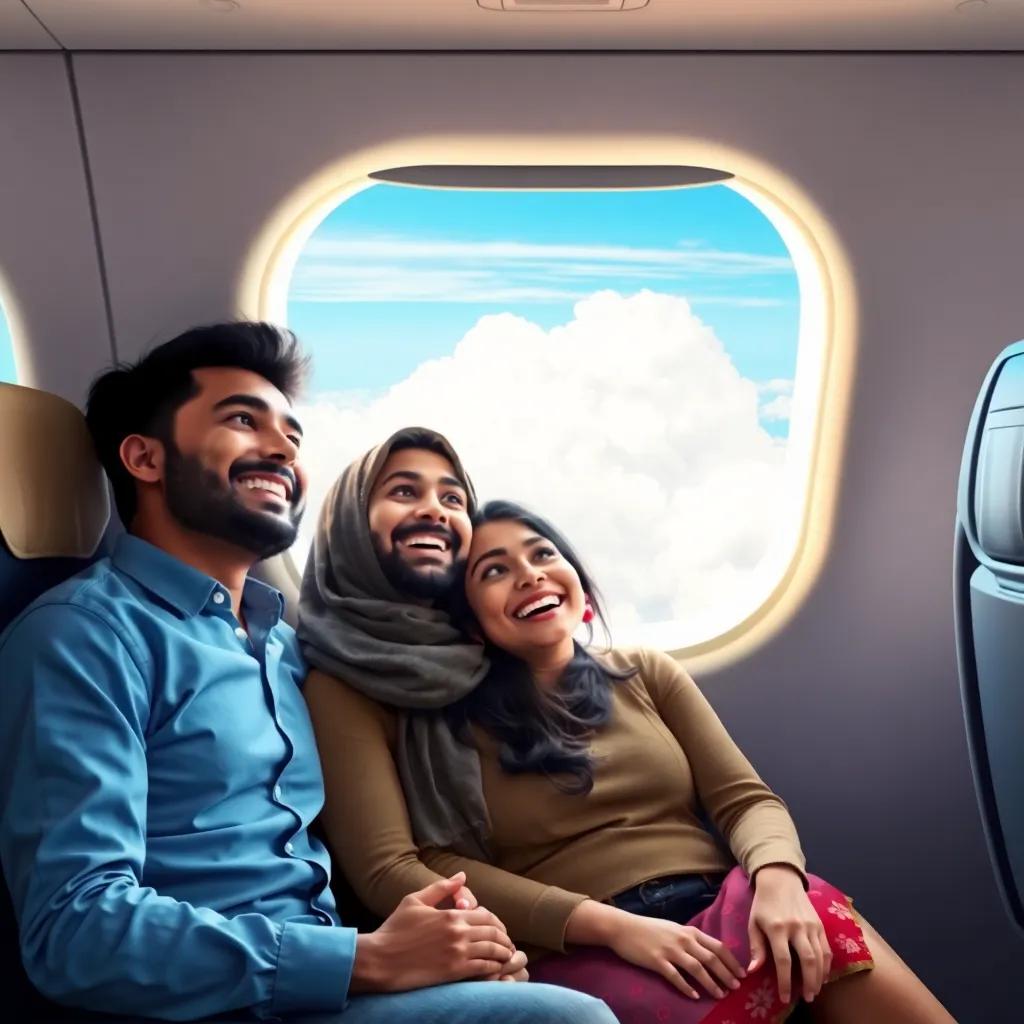 A joyful couple, Ahmad and his wife, sitting together on an airplane, looking out the window at fluffy white clouds, beautiful blue sky, airplane interior, digital art, vivid colors, cheerful vibe, high quality