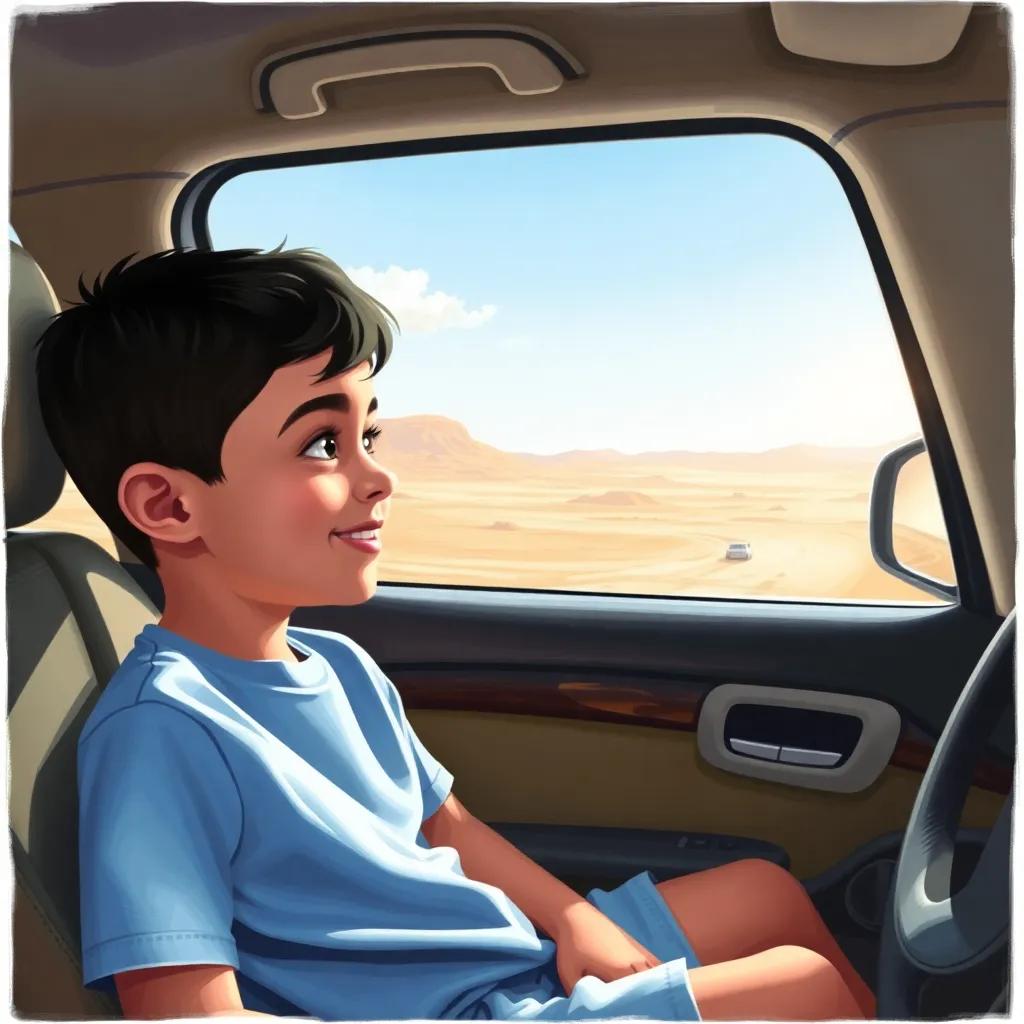 A young Arab boy, Ahmed, with short black hair wearing a light blue t-shirt and shorts, sitting in a car looking out of the window with excitement, desert landscape outside, bright sunlight, cheerful atmosphere, digital art, vibrant colors, family road trip