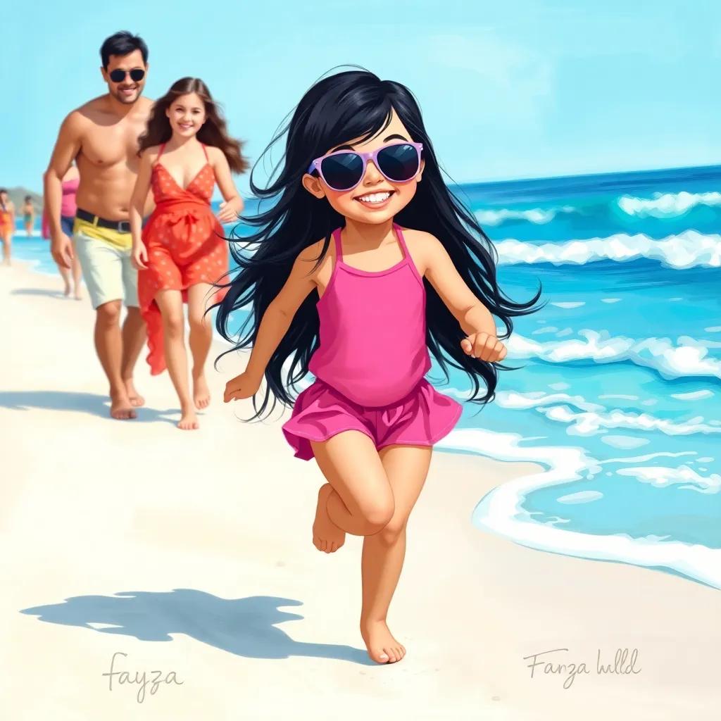 A young Arab girl, Fayza, with long black hair wearing a pink swimsuit and sunglasses, running joyfully towards the blue sea, white sand and gentle waves around her, family members in the background, colorful beach, playful mood, illustration, lively colors, child-friendly environment