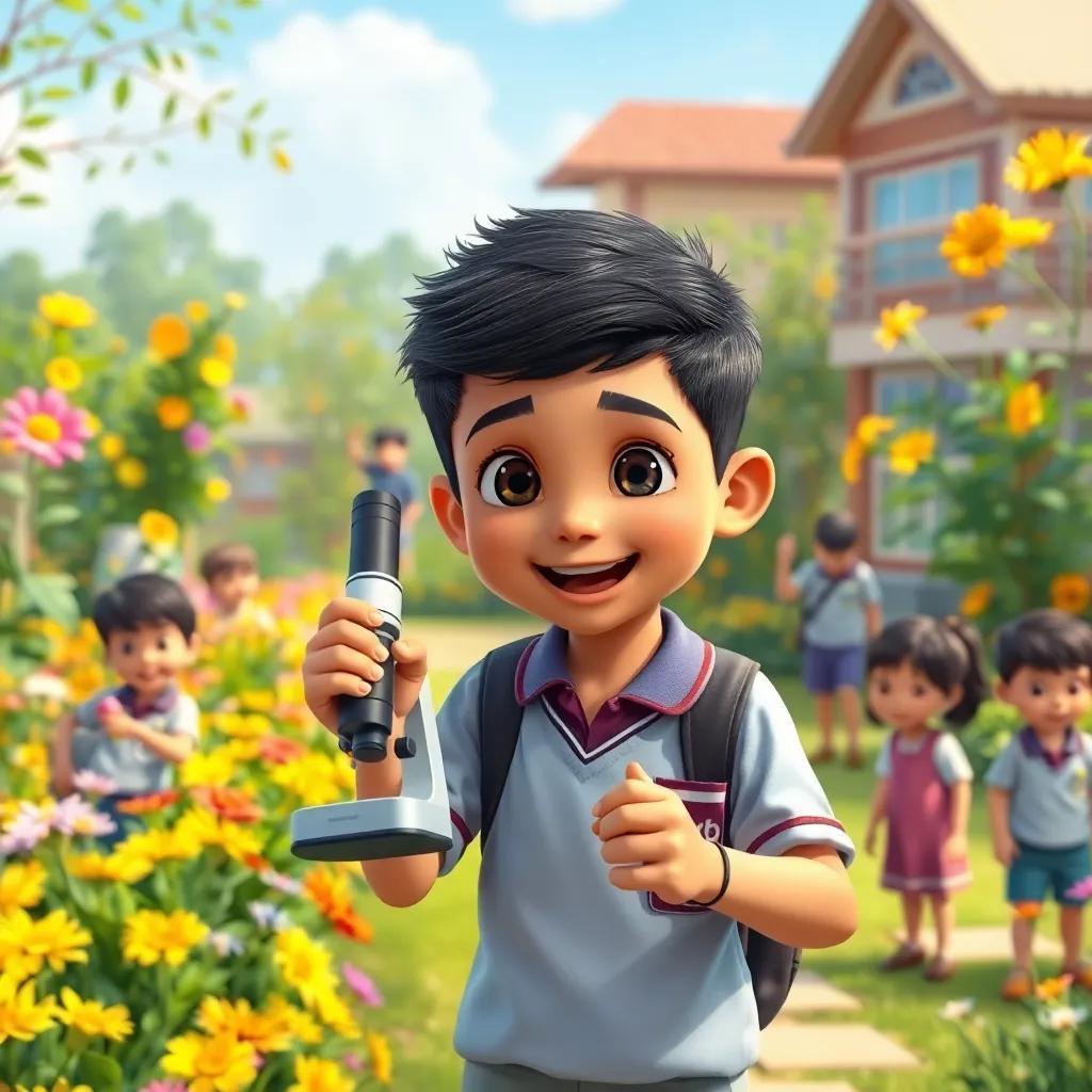 A young Arab boy, يوسف, with short black hair, wearing a school uniform, excitedly holding a microscope in a vibrant school garden filled with flowers, children playing around him, cheerful atmosphere, digital art, bright colors, high quality