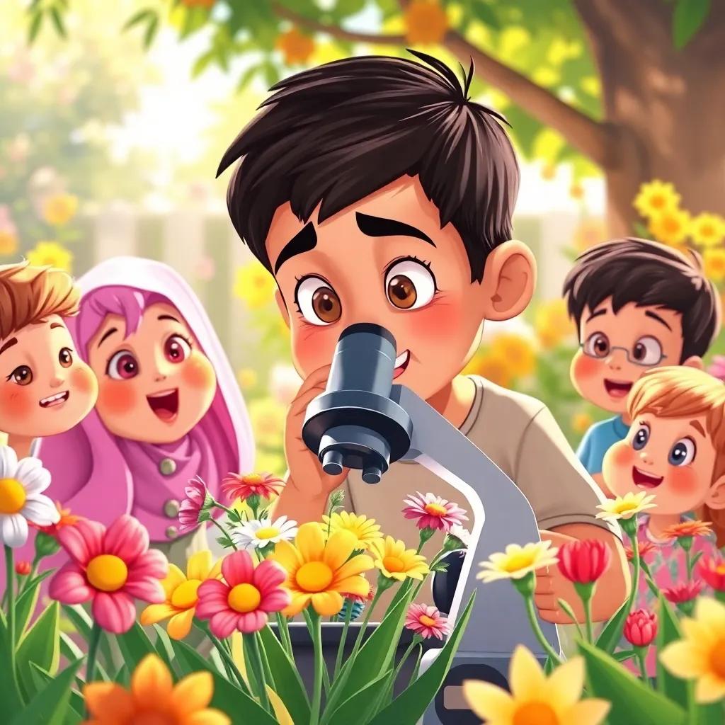 A young Arab boy, يوسف, with short black hair, looking through a microscope at colorful flowers, surrounded by curious friends, amazed expressions, sunny garden setting, child-friendly, illustration, warm and inviting light, high quality