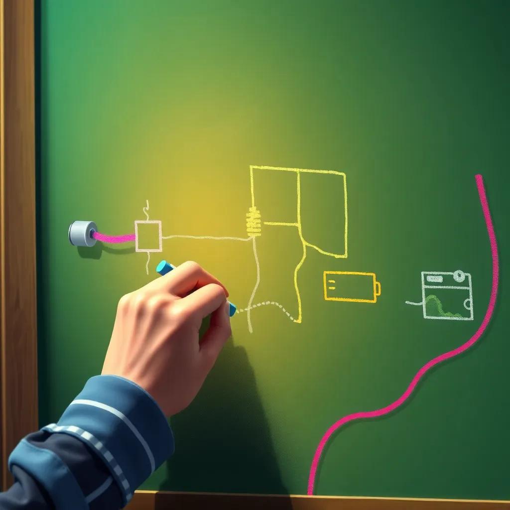 A close-up of Huda drawing an electric circuit on the board, with vibrant colored chalk, electric wires and a battery shown in a clear diagram, high quality educational illustration, engaging and lively atmosphere.