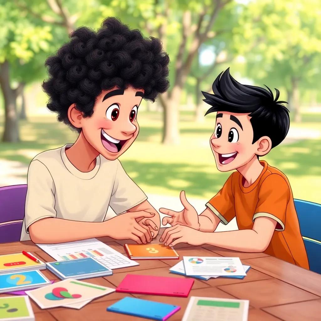 Two boys talking animatedly about UI and UX, one with curly hair and the other with straight hair, colorful stationery spread out on the table, outdoor setting with trees, cheerful and vibrant, digital art, lively discussion, high quality