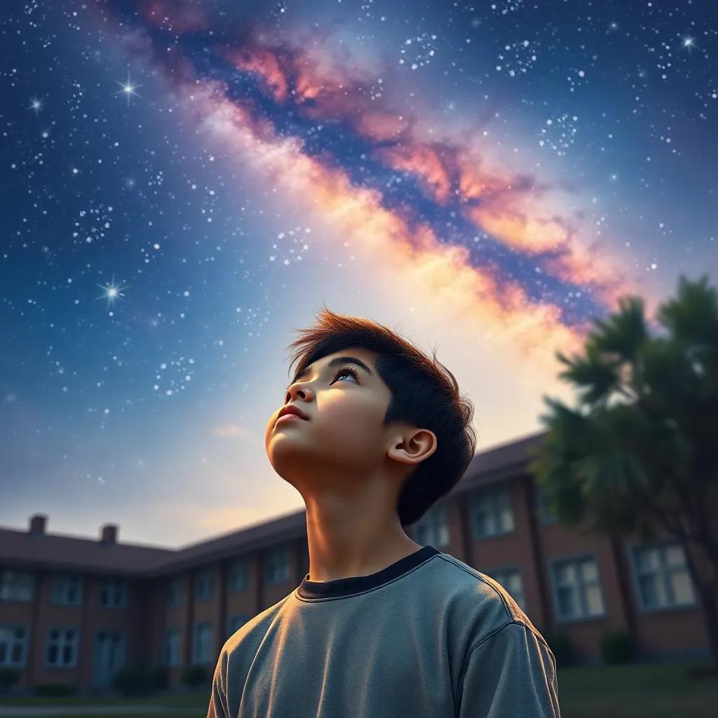 A thoughtful boy Ali looking up at a starry sky, contemplating the meaning of success beyond money, a school in the background, peaceful and uplifting, digital painting