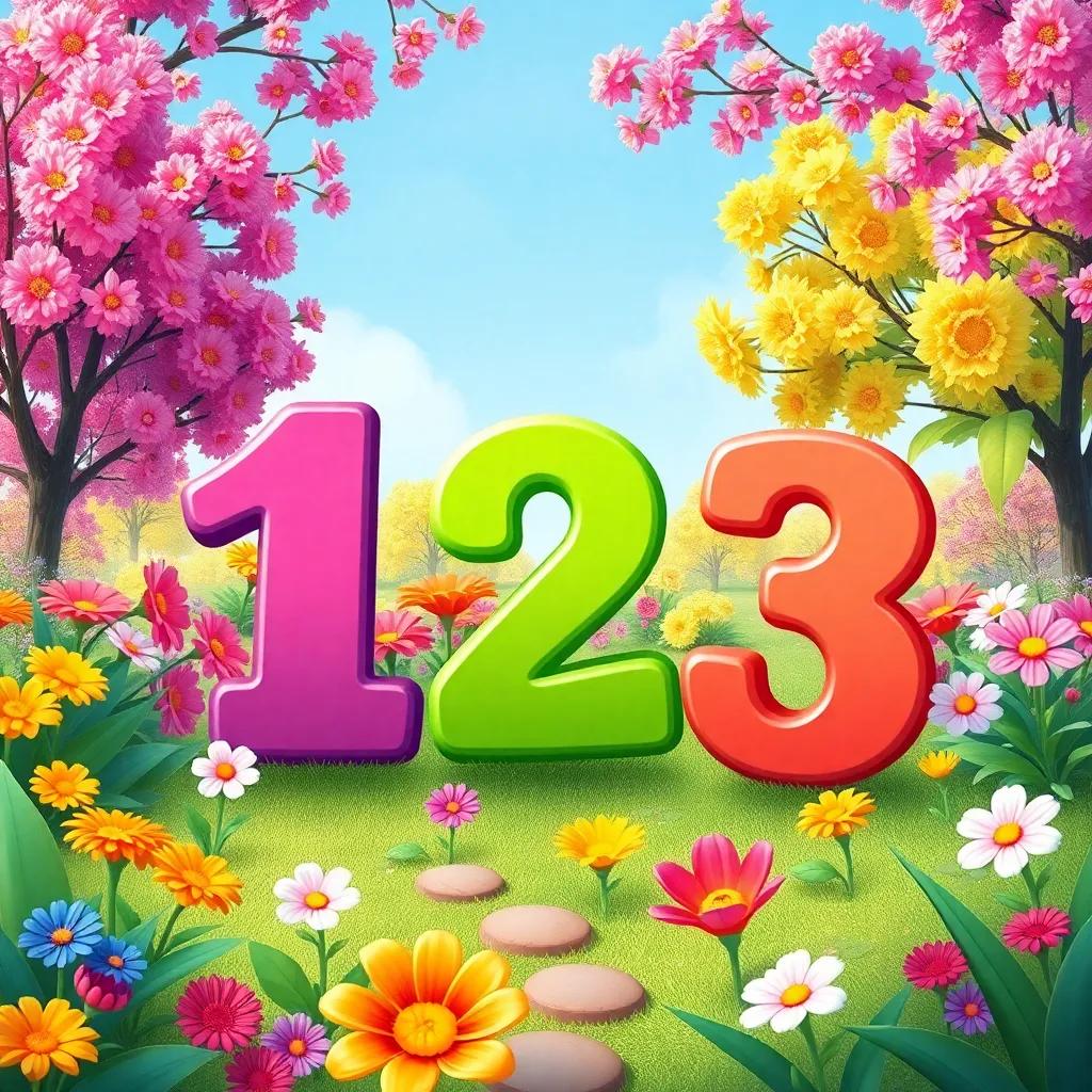 A colorful number garden with numbers 1, 2, and 3 playing together, surrounded by vibrant flowers and trees, joyful atmosphere, illustration, child-friendly, engaging