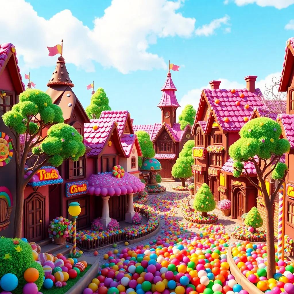 A bright and colorful candy city with houses made of chocolate, trees made of cake, and streets covered in colorful candies, digital art, vibrant colors, cheerful atmosphere, high quality