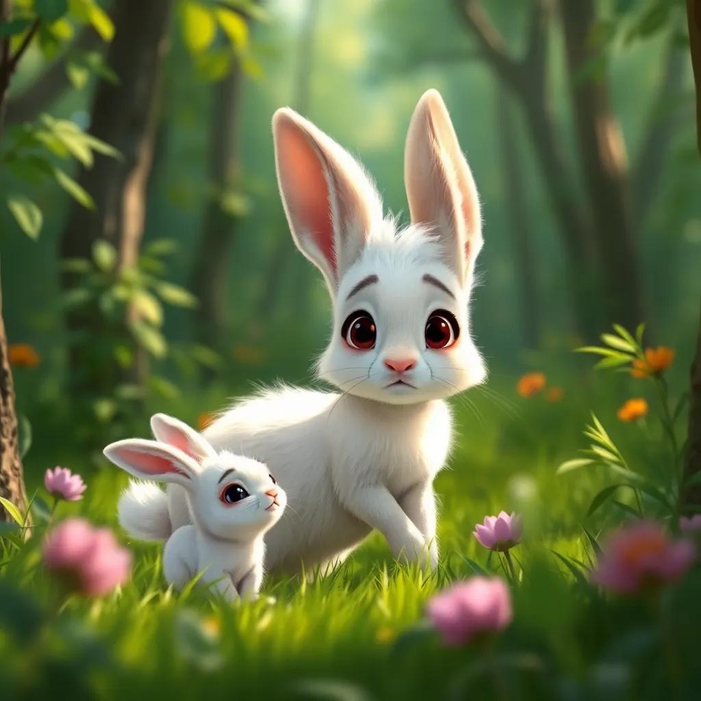 A young rabbit named Rama, with fluffy white fur and big ears, searching in a vibrant green forest, looking worried while calling out for her children, digital art, bright colors, warm and inviting atmosphere, high quality