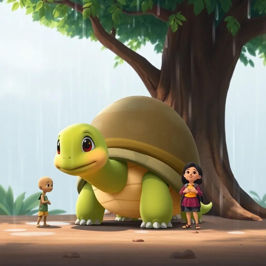 A big turtle named Salwa, with a patterned shell and wise eyes, standing under a large tree in the rain, offering to help little Rama find her children, animation style, cheerful, friendly, child-friendly, high detail