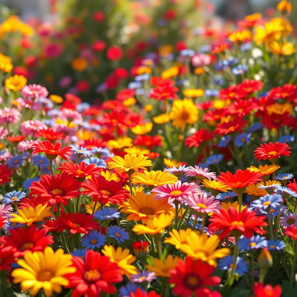 A vibrant garden filled with colorful flowers, having red, yellow, and blue flowers blooming under the sun, digital art, bright colors, cheerful atmosphere, high quality