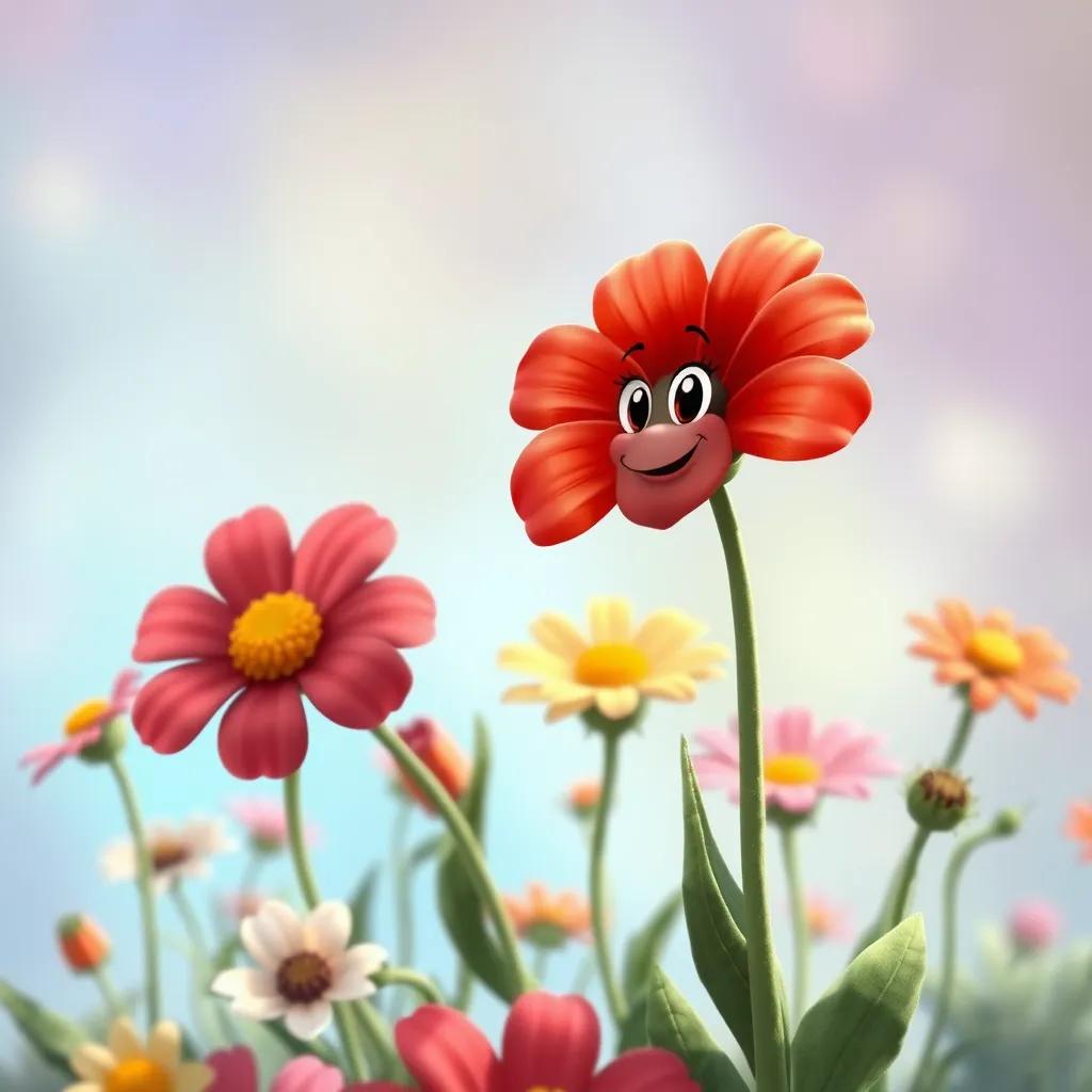 A beautiful red flower looking excited and ready for adventure, standing tall amidst other flowers, digital illustration, joyful expression, vibrant background, inviting