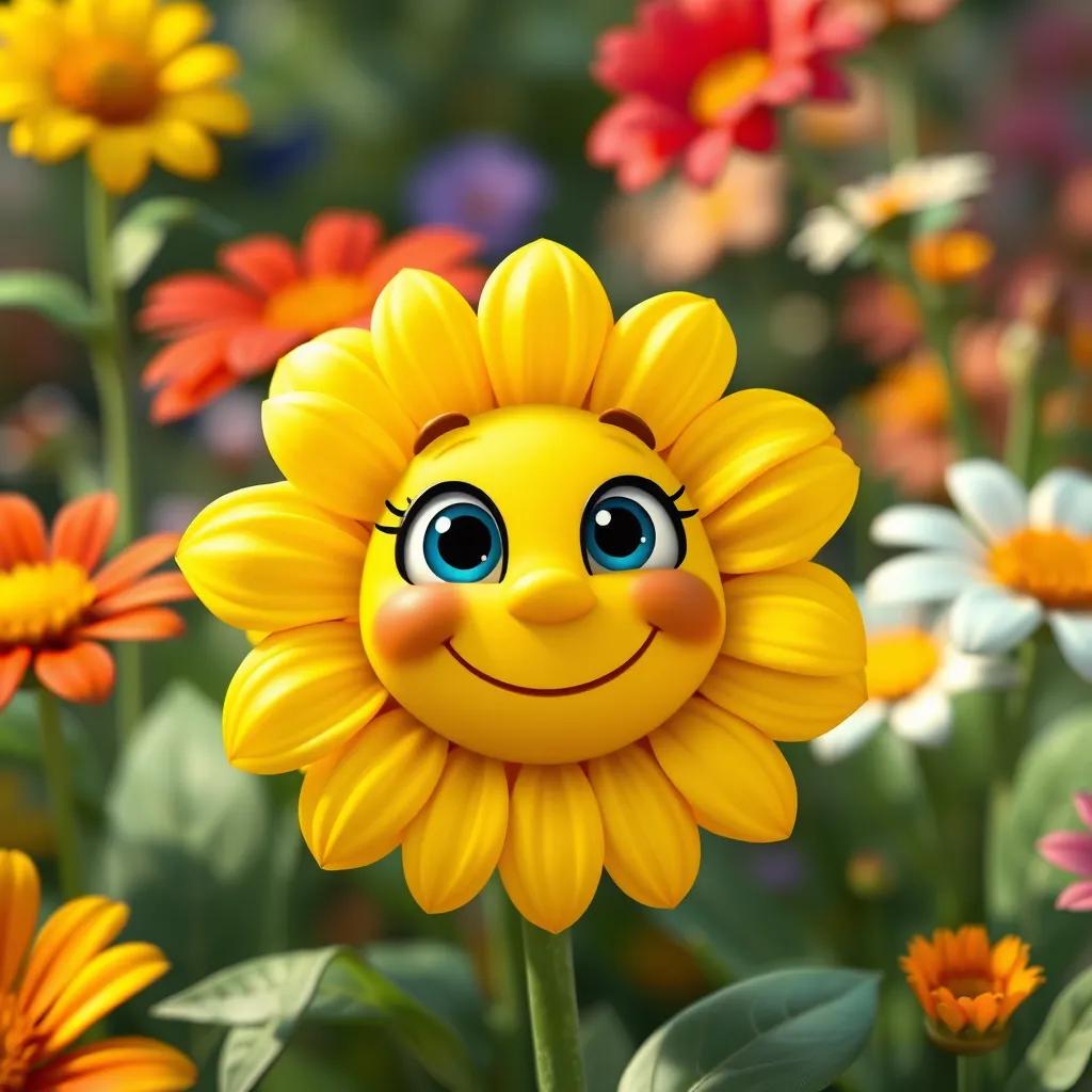 A happy yellow flower smiling and saying yes, surrounded by other flowers in the garden, cheerful and friendly vibe, colorful digital art, lively