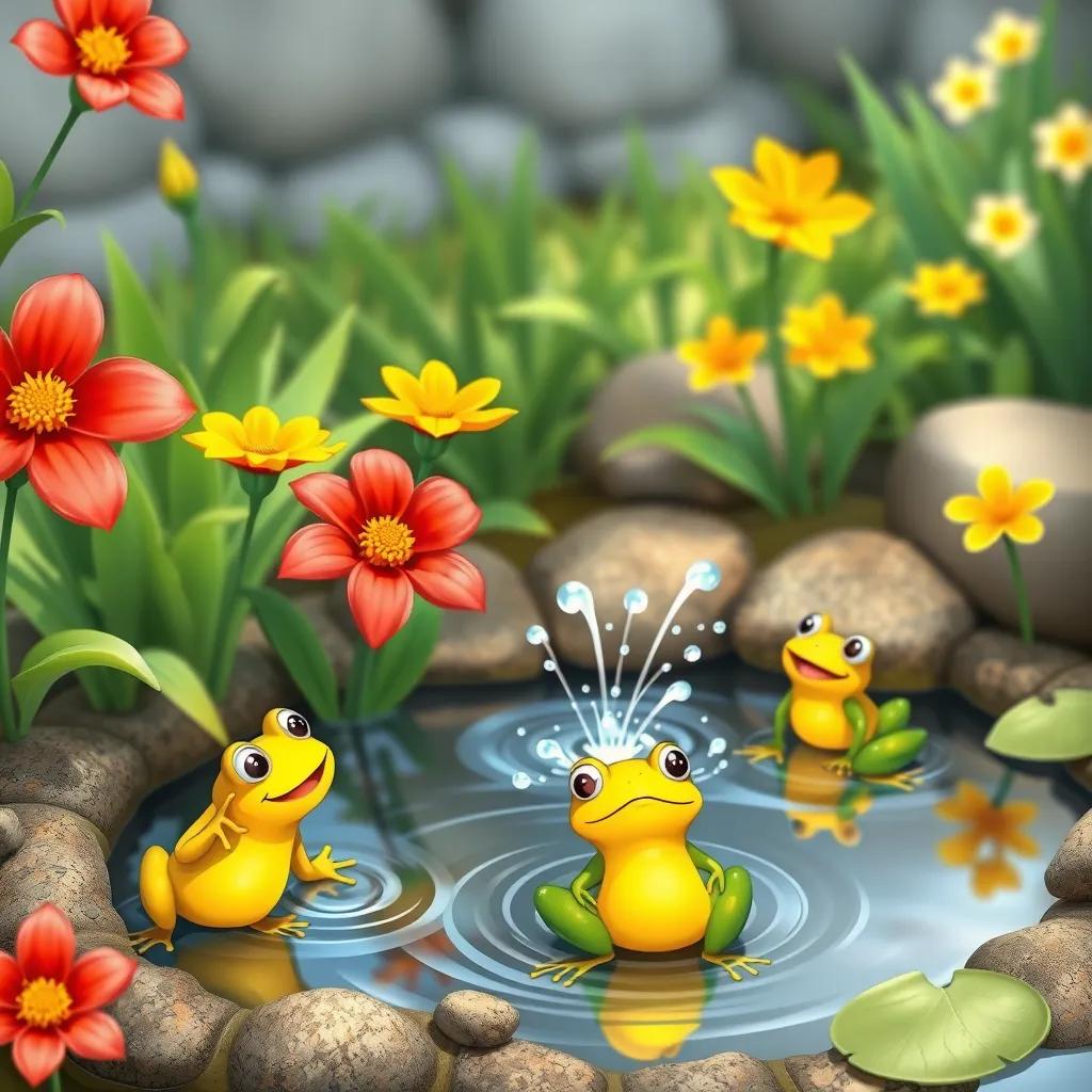 Red and yellow flowers together near a small pond with playful frogs, enjoying water splashes, joyful scene, bright colors, child-friendly illustration